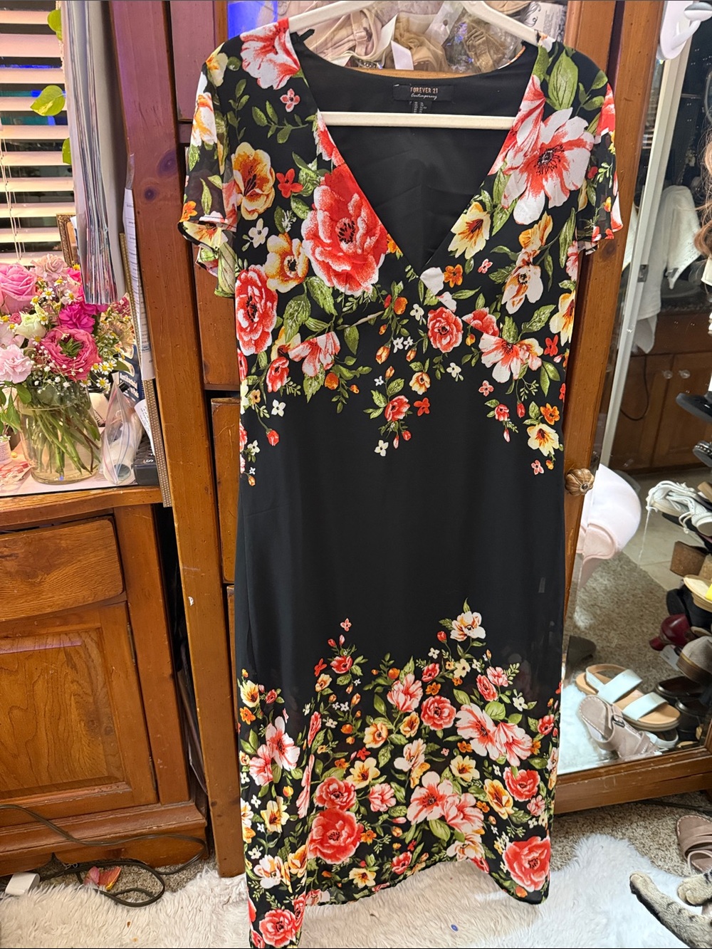 Forever 21 Black Floral V-Neck Maxi Dress with Red and Pink Blooms